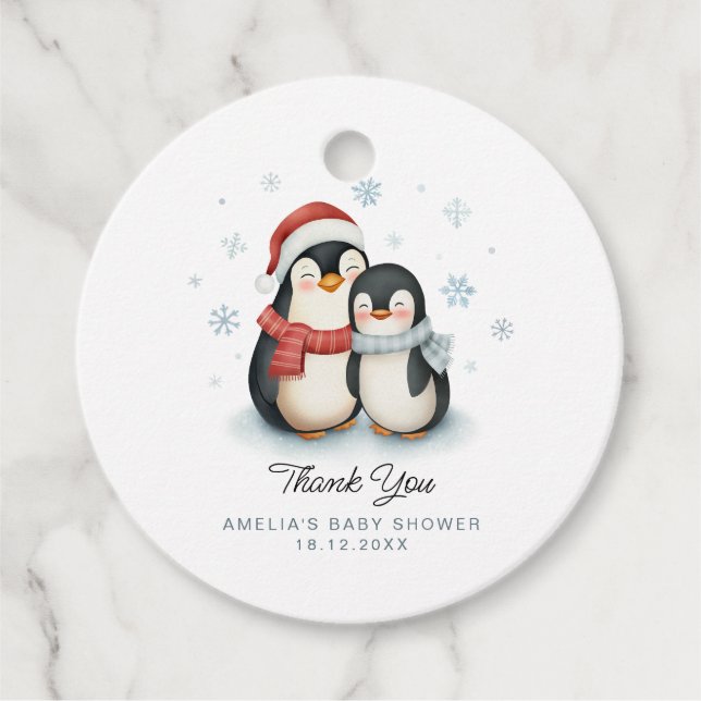 Étiquettes Cadeau Joli Penguin d'hiver Famille Baby shower de Noël (Devant)