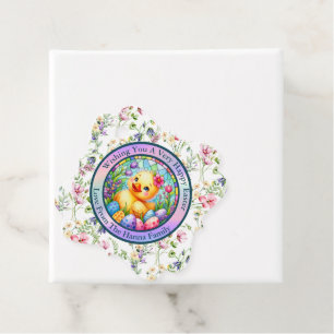 Étiquettes Cadeau Joli poussin de Pâques, fleurs et œufs colorés