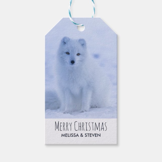 Étiquettes-cadeau Joli renard arctique sur neige Joyeux Noël (Devant)