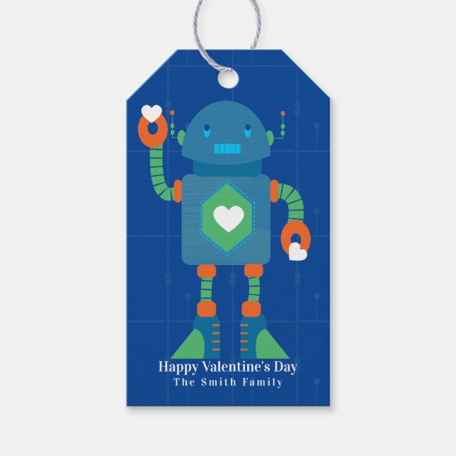 Étiquettes-cadeau Joli Robot Joyeux Valentines Jour Bleu (Devant)