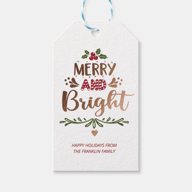 Étiquettes-cadeau Joli Rouge Blanc Or Joyeux et Bright Noël (Devant)
