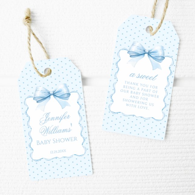 Étiquettes-cadeau Joli ruban bleu bébé garçon douche merci (Créateur téléchargé)