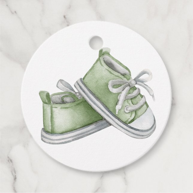 Étiquettes Cadeau Jolie aquarelle Vert bébé Chaussures Baby shower (Devant)
