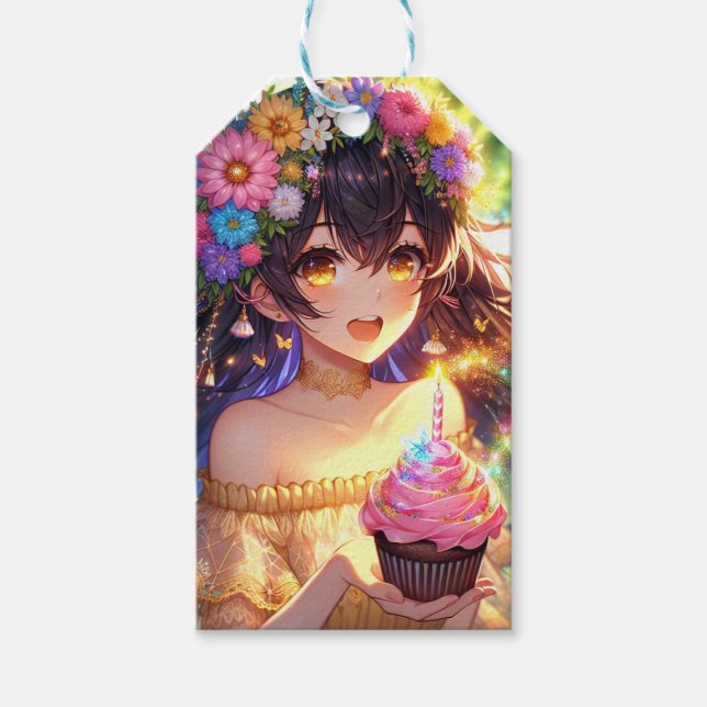 Étiquettes-cadeau Jolie fille Anime Anniversaire (Devant)