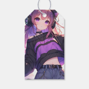 Étiquettes-cadeau Jolie fille Anime dans les casques Anniversaire