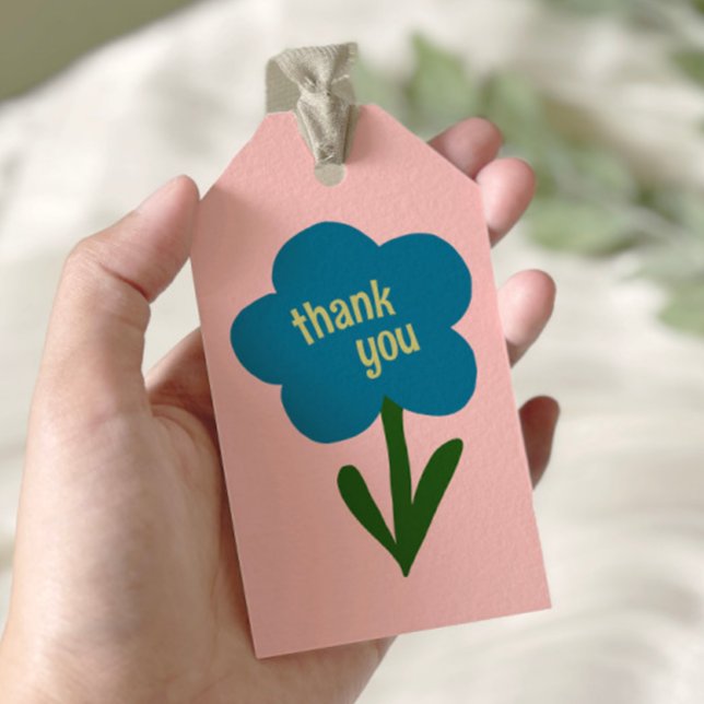 Étiquettes-cadeau Jolie Fleur Moderne Bleue et Rose Merci (Créateur téléchargé)