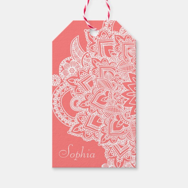 Étiquettes-cadeau Jolie fleur tendance henné design dessiné à la mai (Devant)