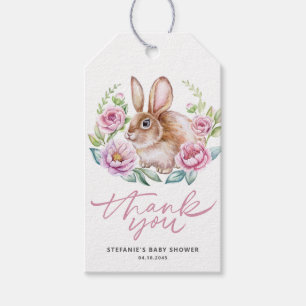 Étiquettes-cadeau Jolie Lapin Aquarelle et Fleurs Roses Baby Shower