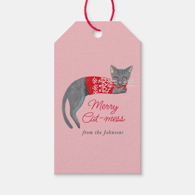 Étiquettes-cadeau Jolie Noël gris Chat rose (Devant)