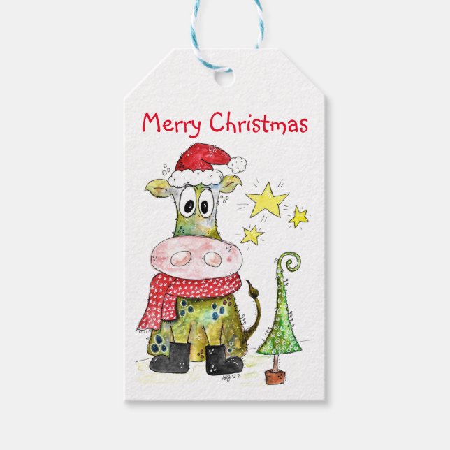 Étiquettes-cadeau Jolie vache de Noël Whimsical (Devant)
