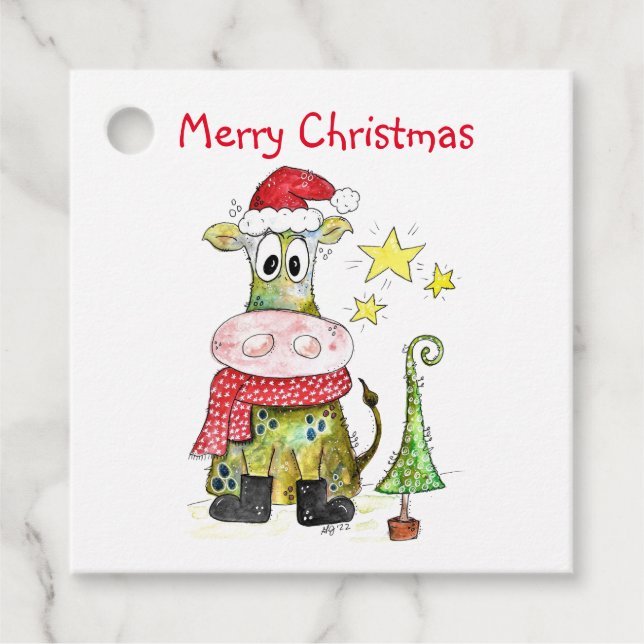 Étiquettes Cadeau Jolie vache de Noël Whimsical (Devant)