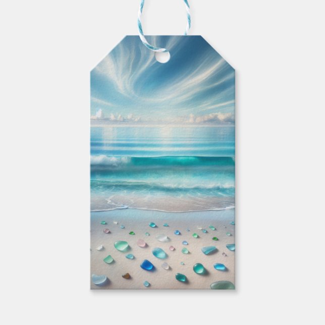 Étiquettes-cadeau Jolie vague bleu océan et verre de mer (Devant)