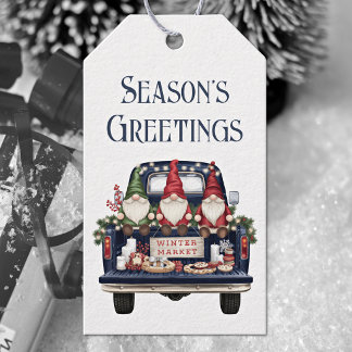 Étiquettes-cadeau Jolis nains de marché d'hiver de camion bleu décor