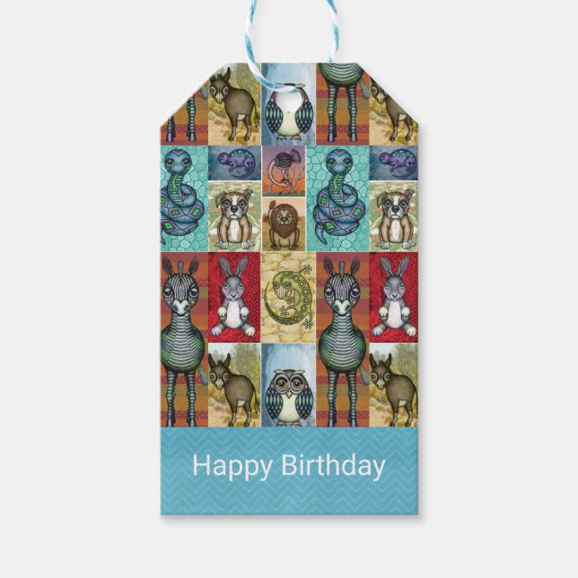 Étiquettes-cadeau Jote Animal Collage Folk Art Design Joyeux anniver (Devant)