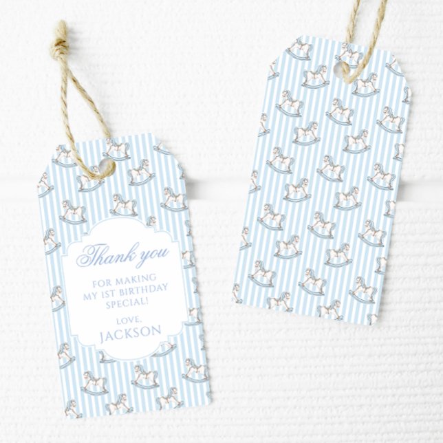 Étiquettes-cadeau Jote bleu rocking cheval anniversaire garçon merci (Créateur téléchargé)