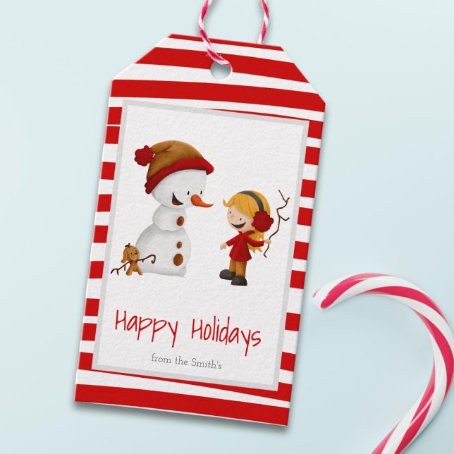 Étiquettes-cadeau Jote Red Stripes Girl Chien Snowman Noël (Créateur téléchargé)
