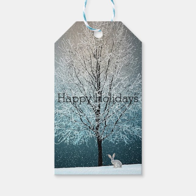 Étiquettes-cadeau Jour de la neige, Arbre couvert de neige, Lapin (Devant)