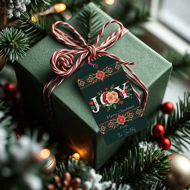Étiquettes-cadeau JOY Noël frontière florale personnalisée (Créateur téléchargé)