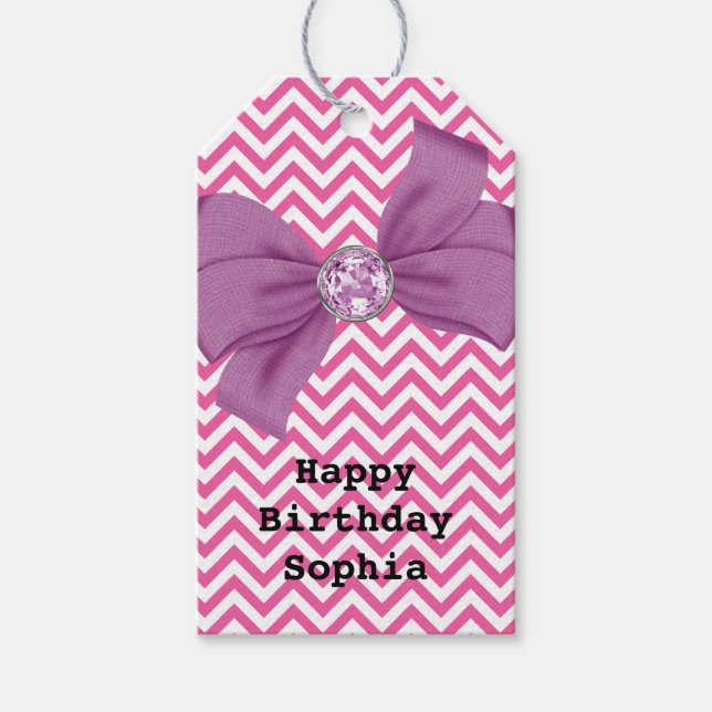 Étiquettes-cadeau Joyau Chevron rose Fille Bow pourpre Anniversaire (Devant)