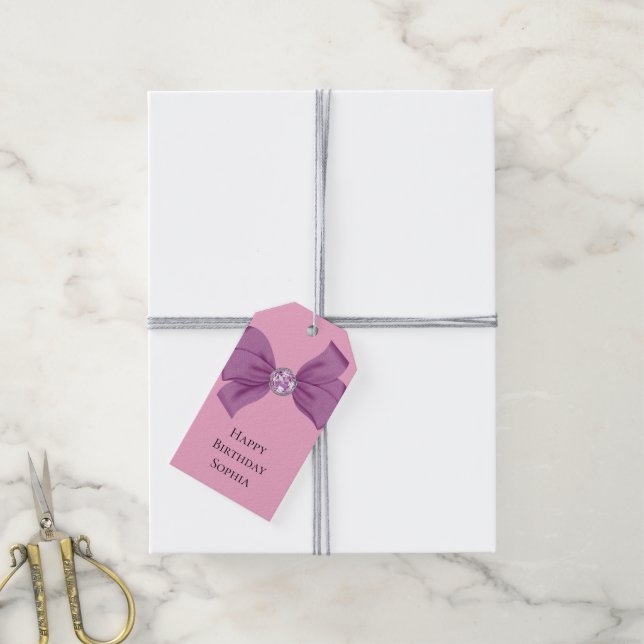 Étiquettes-cadeau Joyau rose Fille Bow pourpre Anniversaire (Avec de la ficelle)