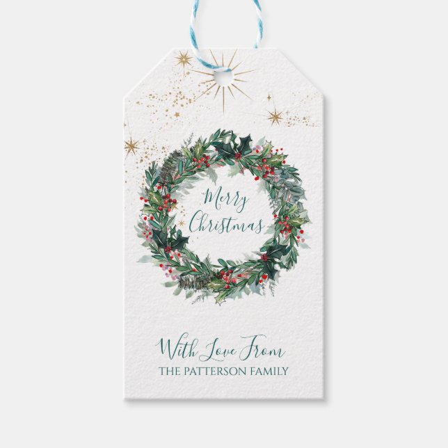 Étiquettes-cadeau Joyeuse aquarelle de Noël Holly Berry Wreath (Devant)