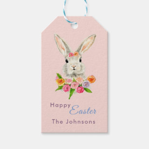 Étiquettes-cadeau Joyeuse aquarelle de Pâques lapin rose