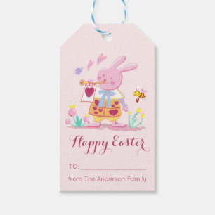 Étiquettes-cadeau Joyeuse Aquarelle de Pâques lapin rose dans le jar