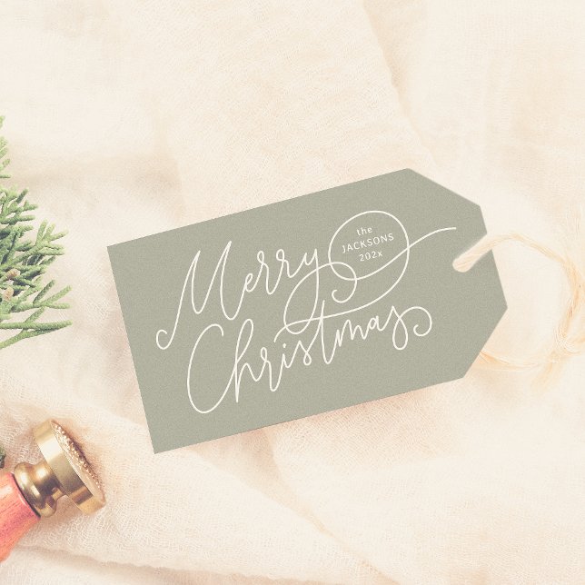 Étiquettes-cadeau Joyeuse calligraphie de Noël Élégant Sage Green (Créateur téléchargé)