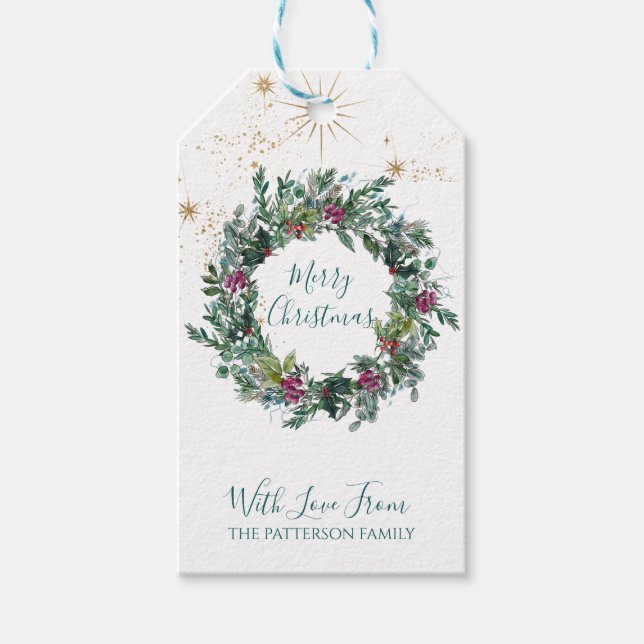 Étiquettes-cadeau Joyeuse couronne de Noël Nom de famille (Devant)