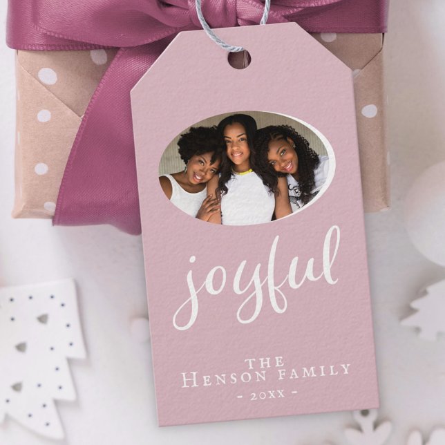 Étiquettes-cadeau Joyeuse moderne rose rose pâle photo de Noël (Créateur téléchargé)