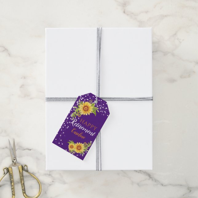 Étiquettes-cadeau Joyeuse retraite Floral Tournesol pourpre (Avec de la ficelle)
