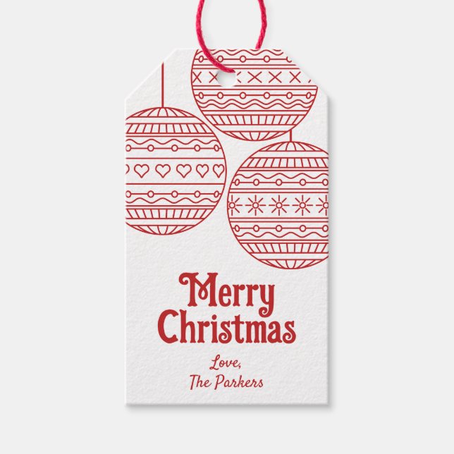 Étiquettes-cadeau Joyeuses boules de Noël avec boules de Noël rouges (Devant)