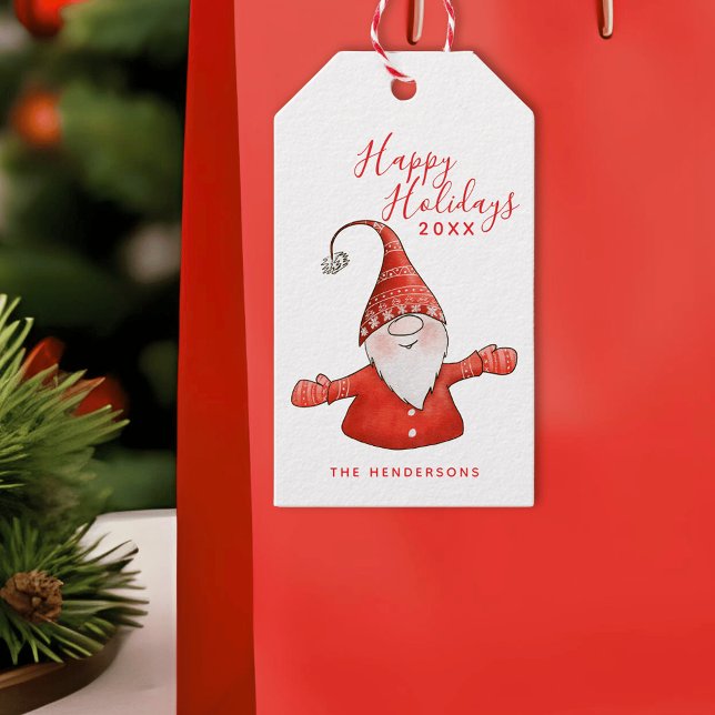 Étiquettes-cadeau Joyeuses fêtes mignonnes Gnome en rouge Noël moder (Modern White and Red Gift Tags with a Cute Gnome for Winter Holidays)