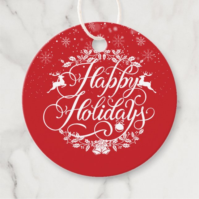 Étiquettes Cadeau Joyeuses fêtes personnalisées Snowflakes Rouge (Devant)