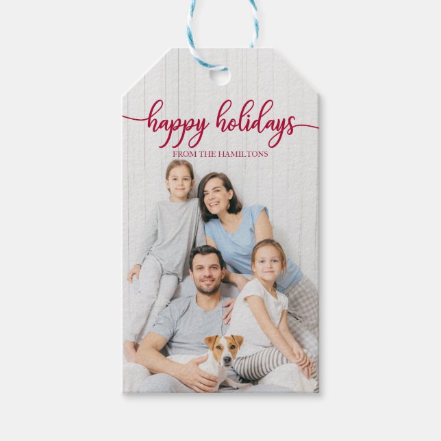 Étiquettes-cadeau Joyeuses fêtes Rouge Script Custom Photo Noël (Devant)