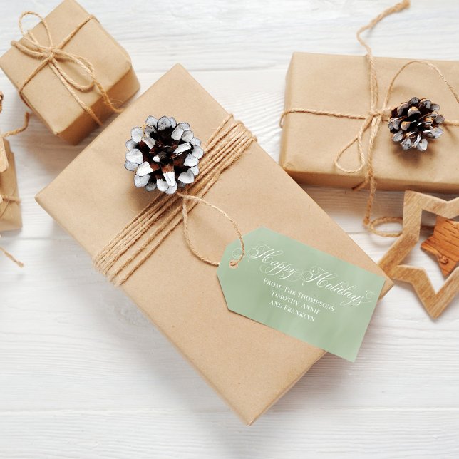 Étiquettes-cadeau Joyeuses Fêtes Vertes Calligraphie Script (Happy Holidays light green watercolor gift tag. )