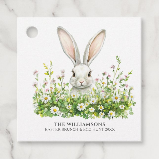 Étiquettes Cadeau Joyeuses fleurs de lapin blanc de Pâques personnal (Devant)