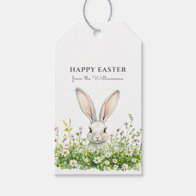 Étiquettes-cadeau Joyeuses fleurs de lapin blanc de Pâques personnal (Devant)