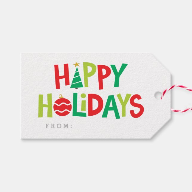 Étiquettes-cadeau Joyeuses vacances colorées illustrées (Devant (Horizontal))