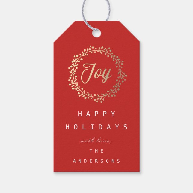 Étiquettes-cadeau Joyeuses vacances Joy Champaigne Gold Red (Devant)
