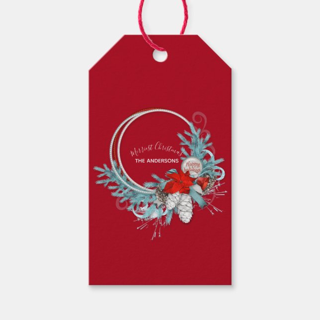 Étiquettes-cadeau Joyeuses Vacances Moderne Chic Pin Rouge Wreath (Devant)