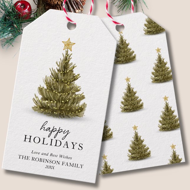 Étiquettes-cadeau Joyeuses Vacances vertes sapin de Noël (Créateur téléchargé)