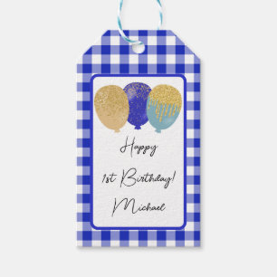 Étiquettes-cadeau Joyeux 1er anniversaire & En vichy et ballons bleu