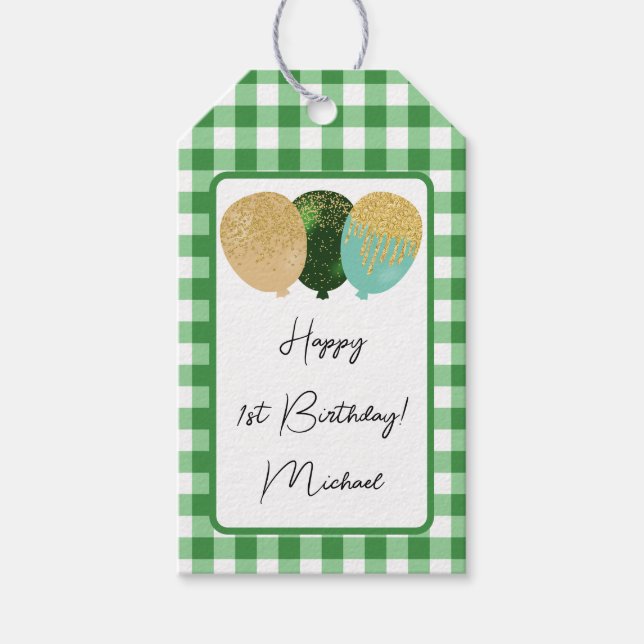 Étiquettes-cadeau Joyeux 1er anniversaire & En vichy et ballons vert (Devant)