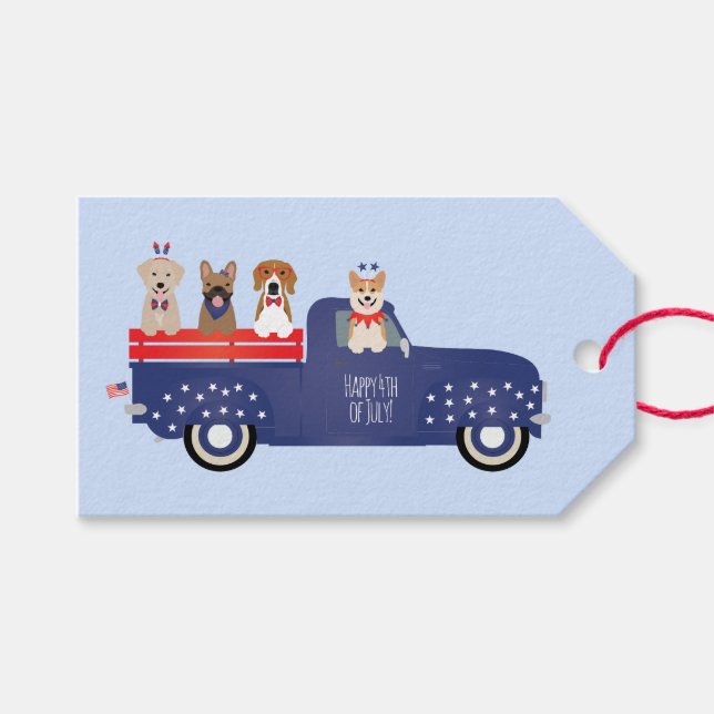Étiquettes-cadeau Joyeux 4 Juillet Chiens Pickup Camion (Devant (Horizontal))