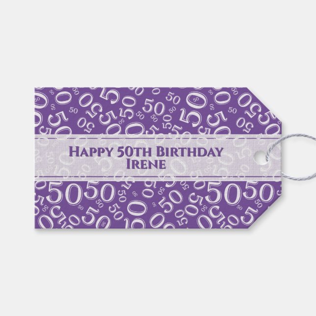 Étiquettes-cadeau Joyeux 50e anniversaire violet Motif de nombre alé (Devant (Horizontal))