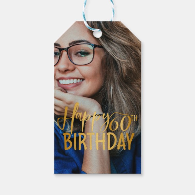 Étiquettes-cadeau Joyeux 60e anniversaire Script photo personnalisée (Devant)