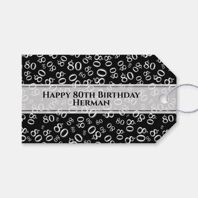 Étiquettes-cadeau Joyeux 80e anniversaire noir/blanc Motif numérique (Devant (Horizontal))
