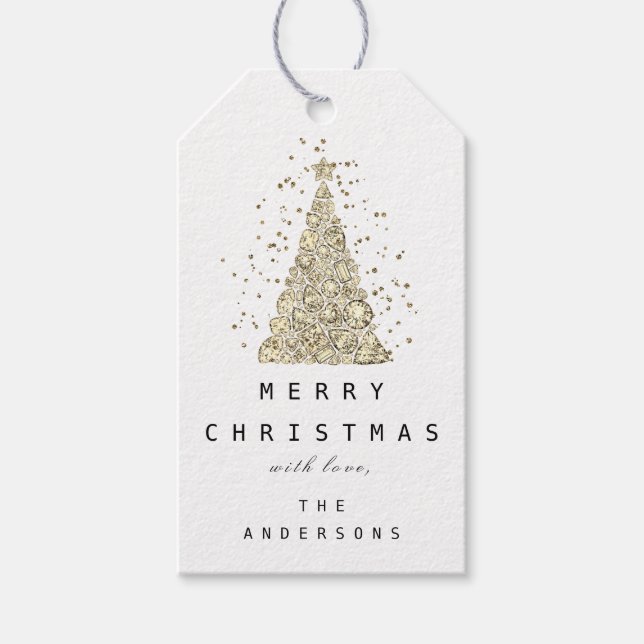 Étiquettes-cadeau Joyeux à Nom Holiday Gold Diamond ChristmasTree (Devant)