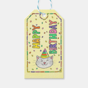 Étiquettes-cadeau Joyeux Anniversaire Chat Mignon et Confettis